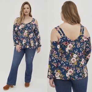 NWT Torrid 4 Cold Shoulder Cutout Top; Women's Plus Size 4x 26 26W Blue Blouse